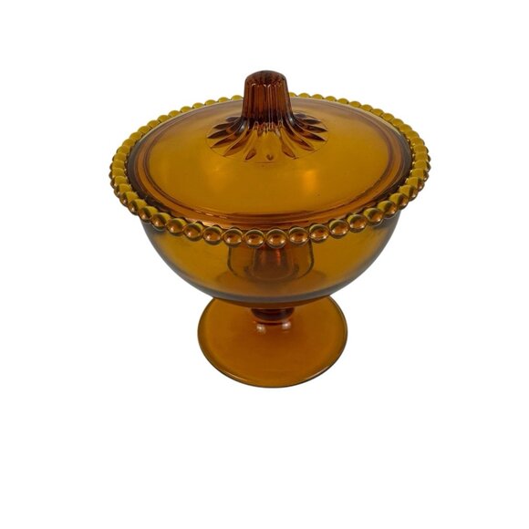 Indiana Glass Amber Vintage 60s Retro Beaded Edge Compote Lid Covered Candy Dish - Picture 2 of 11